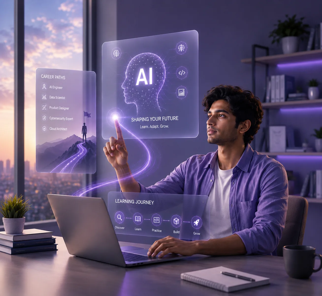 Student shaping his future career with an AI holographic learning dashboard